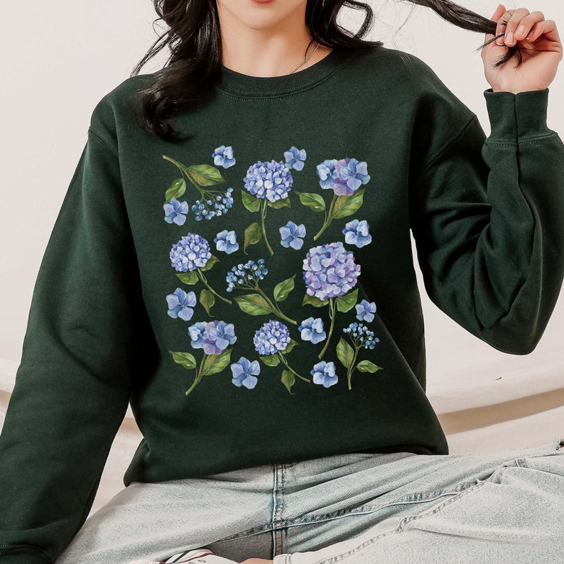 hydrangea women sweatshirt, wildflower sweater, nature lover, wild floral gift, garden lover gift, gardening shirt, botanical flowers gift image 9
