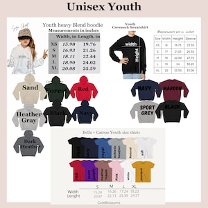 May include: A chart showing youth sizes for hoodies and t-shirts. The chart includes measurements in inches for width and length. The colors available for the hoodies are sand, forest, red, heather gray, black, navy, sport grey, and maroon. The colors available for the t-shirts are red, black, team purple, navy, heather purple, royal, mauve, athletic heather, pink, white, natural, and mustard.
