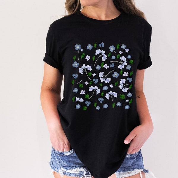 Hydrangea flower shirt women blue flower tee hortensie floral gift for plant lady nature lover gardening gift hydrangeas shirt for gardener