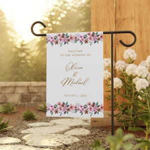 Custom wedding Garden Banner floral ceremony announcement sign gift for couple personalized wildflower house garden flag pink peach theme
