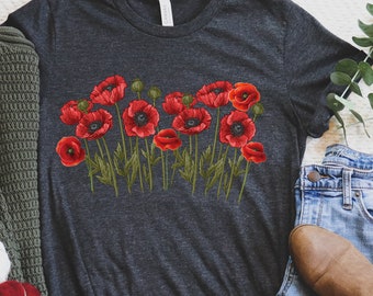 Red poppy flower shirt, wildflower california poppies shirt, gift for poppy flower lovers, botanical wild flower tshirt, plant lady shirt gf
