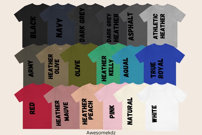 May include: A selection of t-shirts in various colours and styles, including black, navy, dark grey, army, olive, red, heather mauve, heather peach, pink, natural, white, true royal, and athletic heather.