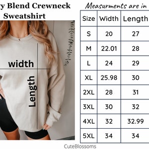 May include: A size chart for a heavy blend crewneck sweatshirt. The chart shows measurements in inches for width, length, and sleeve length for sizes S through 5XL.