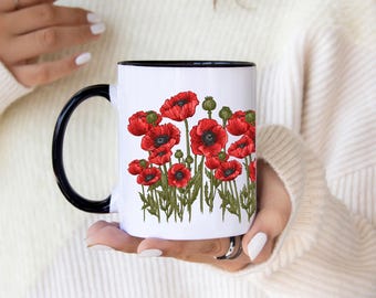 Taza de café con flor de amapola roja, idea de regalo de inauguración de la casa para pareja, regalo para amantes de las amapolas, taza de amapola silvestre, decoración de cocina, taza de flores, mejor amigo gif