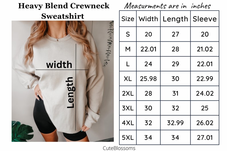 Puede incluir: Sudadera beige de cuello redondo de mezcla pesada. La imagen incluye una tabla de tallas con medidas en pulgadas, que muestra tallas de la S a la 5XL. El ancho de la sudadera var&iacute;a de 50,8 cm a 86,36 cm, y el largo de 68,58 cm a 86,36 cm.