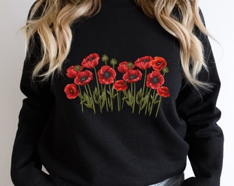 Red poppy flower sweatshirt, wildflower california poppies crewneck, gift for poppy flower lovers, botanical wild flower shirt, plant lady