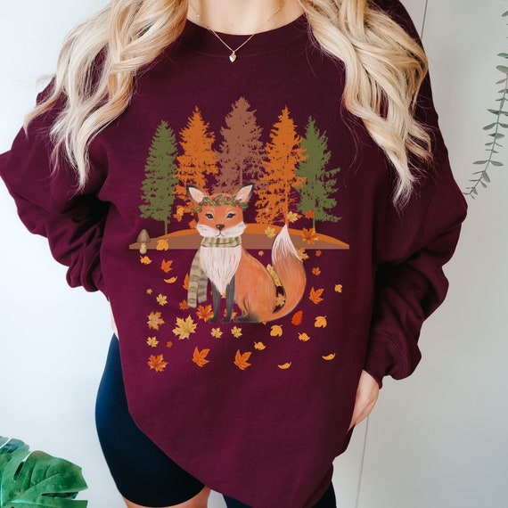Cute fox sweatshirt gift for fox animal lover, woodland forest animal sweater, autumn leaves cozy sweater, fall gifts for mom, nature lovers