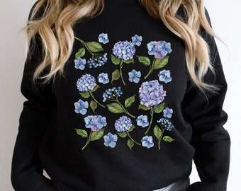 hydrangea women sweatshirt, wildflower sweater, nature lover, wild floral gift, garden lover gift, gardening shirt, botanical flowers gift