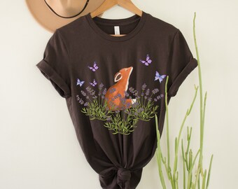 Botanisch vosshirt, vintage cottagecore vlindershirt, cadeau vosliefhebber, dierenliefhebber shirt, schattig vosshirt, lavendel natuur voskleding
