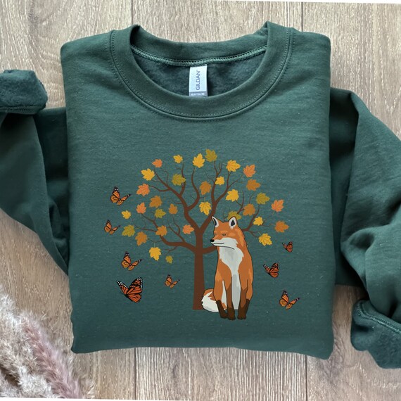 Fall tree sweatshirt, cute fox sweatshirt, cottagecore fall leaves sweater for women, botanical shirt, outdoors  sweatshirt, fox clothing,