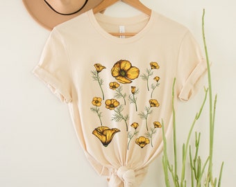 Camiseta botánica de amapola de California, Camisa de campo para mujer, Camiseta floral de estilo vintage, Camisa de flores silvestres, Regalo de jardinero, Camisa de planta