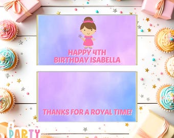 May include: Two rectangular party favors with gold borders and a pastel purple and blue background. One reads "HAPPY 4TH BIRTHDAY ISABELLA" with a cartoon princess. The other says "THANKS FOR A ROYAL TIME!" The image is surrounded by cupcakes and wrapped gifts.