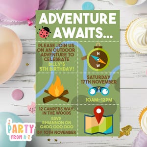 Kids Birthday Party Invites Boys Girls Theme Printed ADVENTURE OUTDOORS NATURE