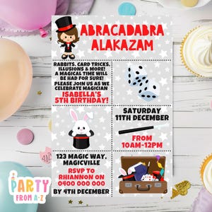 Kids Birthday Party Invites Girls Theme Digital Edit in Canva Magic Magician Magical Wand Tricks