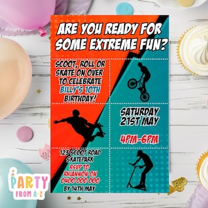 Kids Birthday Party Invites Boys Theme Digital Edit in Canva Skatepark Skate BMX Bike Scooter