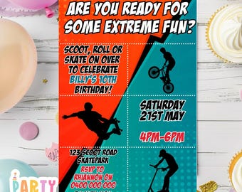 Kids Birthday Party Invites Boys Theme Digital Edit in Canva Skatepark Skate BMX Bike Scooter