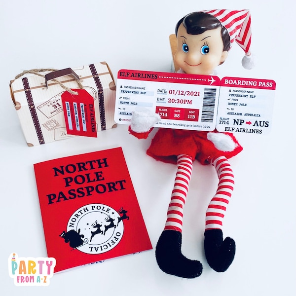 Christmas Elf Personalised Christmas Personalised Elf Passport, Boarding Pass & Suitcase Prop Elf Antics