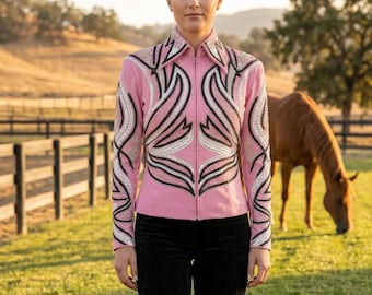 Luxury Pink Western Horse Show Shirt | Crystal Rhinestone Showmanship Jacket | Women's Equestrian Competition Apparel