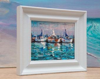 Oil Painting, Original, Art, Framed, Small, Seaside, Mooring, Fishing, Port, Yachts, Boats, Sailing, Norfolk, Cornwall, Coastal, Dorset