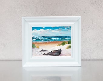 Oil Painting, Original, Seaside, Seascape, Ocean, Boat, Fishing, Rustic, Norfolk, Shore, Coastal, Wales, Scotland, Dunes, Small, Art, Framed