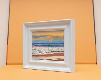 Oil Painting, Ocean, Original, Coastal, Seaside, Seascape, Sunset, Sunrise, Small, Mini,Framed, Cornwall, Norfolk, Devon, Beach, Waves, Surf