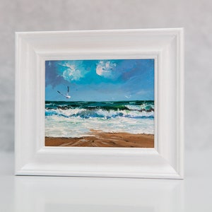 Oil Painting, Original Artwork, Small, Framed, Waves, Ocean, Beach, Coastal, Marine, Seagull, Seaside, Seascape, Surf, Sand, Cornwall, Devon image 3