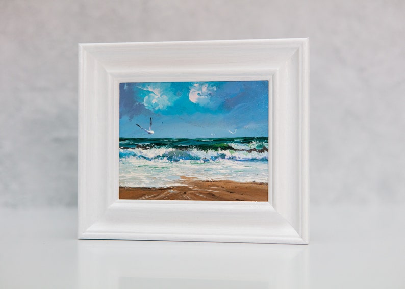 Oil Painting, Original Artwork, Small, Framed, Waves, Ocean, Beach, Coastal, Marine, Seagull, Seaside, Seascape, Surf, Sand, Cornwall, Devon image 3