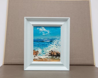 Oil Painting, Ocean, Original, Coastal, Waves, Mini, Beach, Rocks, Seaside, Seascape, Shore, Framed, Small, Art, Cornwall, Norfolk, Dorset