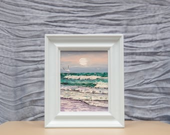 Oil Painting, Original, Coastal, Waves, Surf, Shore, Beach, Seaside, Seascape, Cornwall, Norfolk, Small, Framed, Art, Gulls, Sunset, Sunrise