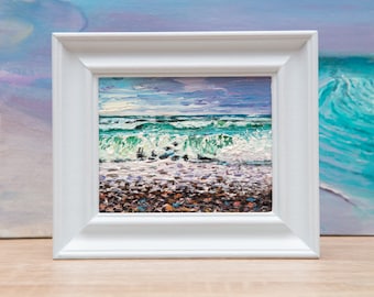 Oil Painting, Original, Ocean, Seaside, Seascape, Shore, Coastal, Beach, Surf, Waves, Small, Framed, Pebbles, Norfolk, Devon, Dorset, Kent