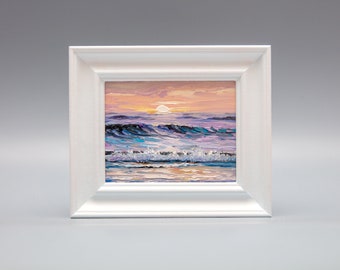 Oil Painting, Seaside, Seascape, Seashore, Coastal, Beach, Sunset, Sunrise, Pink, Ocean, Framed, Small, Cornwall, Norfolk, Scotland, Wales