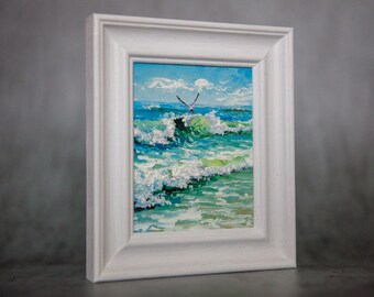 Seaside, Seascape, Ocean, Waves, Beach, Original, Framed, Small, Oil Painting, Seagull, Cornwall, Northumberland, Coastal, Scotland, Wales