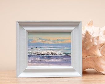 Original, Oil Painting, Ocean, Coastal, Shore, Beach, Waves, Seaside, Seascape, Small, Framed, Sunset, Norfolk, Sunrise, Cornwall, Dorset