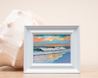 Original, Oil Painting, Ocean, Waves, Surf, Coastal, Beach, Sunset, Sunrise, Small, Art, Framed, Cornwall, Devon, Norfolk, Seaside, Seascape