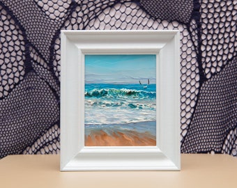 Original, Oil Painting, Seaside, Seascape, Beach, Shore, Coastal, Small, Waves, Frame, Art, Cornwall, Wales, Scotland, Devon, Ocean, Seagull