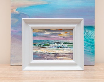 Oil Painting, Ocean, Original, Sea, Seascape, Seaside, Coastal, Beach, Waves, Surf, Shore, Small, Framed, Sunset, Sunrise, Cornwall, Norfolk
