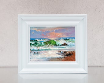 Original, Oil Painting, Seaside, Seascape, Ocean, Beach, Coastal, Shore, Sunrise, Sunset, Small, Framed, Cornwall, Norfolk, Scotland, Dorset