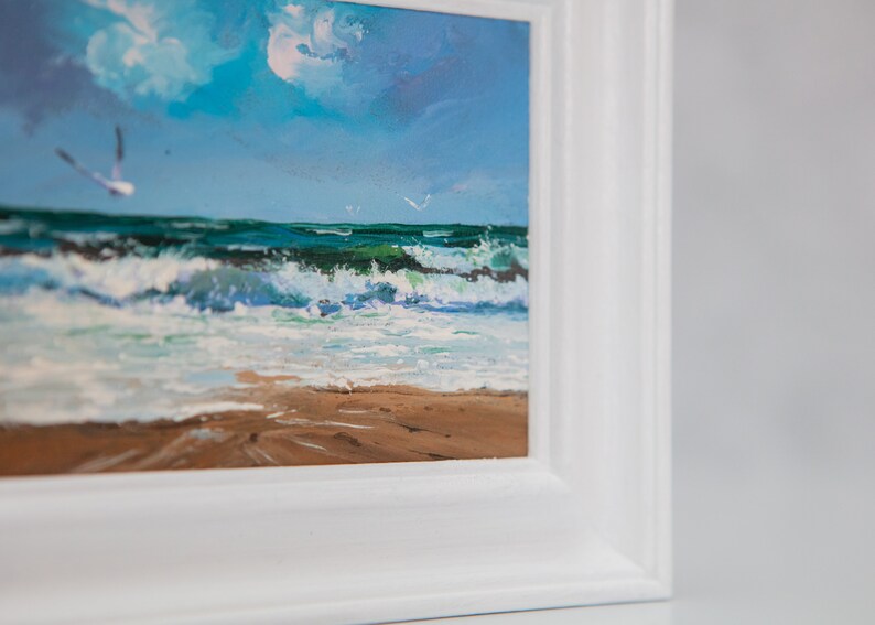 Oil Painting, Original Artwork, Small, Framed, Waves, Ocean, Beach, Coastal, Marine, Seagull, Seaside, Seascape, Surf, Sand, Cornwall, Devon image 4