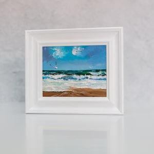 Oil Painting, Original Artwork, Small, Framed, Waves, Ocean, Beach, Coastal, Marine, Seagull, Seaside, Seascape, Surf, Sand, Cornwall, Devon image 1