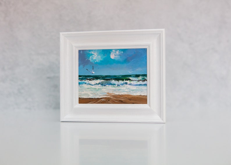 Oil Painting, Original Artwork, Small, Framed, Waves, Ocean, Beach, Coastal, Marine, Seagull, Seaside, Seascape, Surf, Sand, Cornwall, Devon image 1