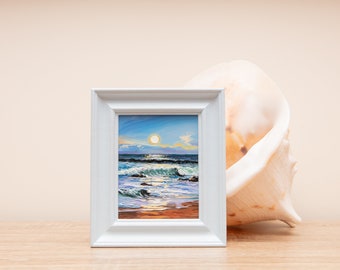 Oil Painting, Original, Ocean, Shore, Beach, Coastal, Waves, Sunset, Seaside, Seascape, Small, Framed, Art, Norfolk, Cornwall, Scotland