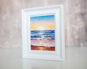 Oil Painting, Sunset, Beach, Coastal, Original, Cornwall, Scotland, Wales, Seaside, Seascape, Seashore, Blue Sea, Small Art, Framed, Waves