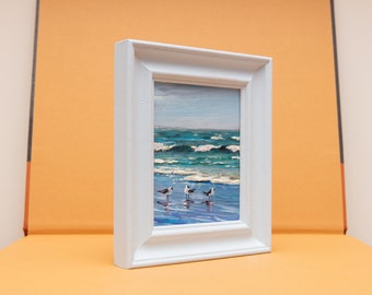 Original, Oil Painting, Ocean, Seaside, Seascape, Beach, Coastal, Waves, Seagulls, Surf, Norfolk, Cornwall, Scotland, Small, Framed, Art