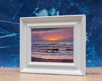 Ocean, Seaside, Seascape, Sunset, Sunrise, Waves, Beach, Small, Framed, Cornwall, Norfolk, Devon, Scotland, Wales, Oil Painting, Original