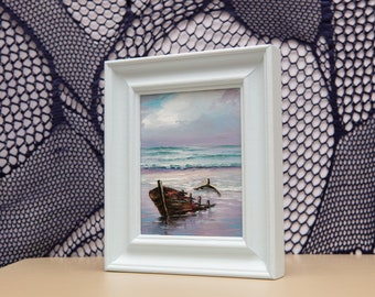 Original, Oil Painting, Ocean, Coastal, Shore, Boat, Rustic, Fishing, Seaside, Seascape, Small, Framed, Art, Beach, Norfolk, Wales, Scotland