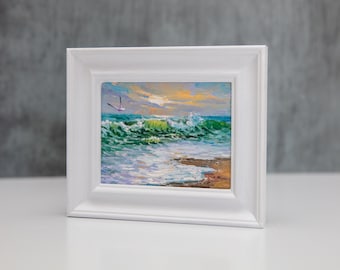 Oil Painting, Original, Small Artwork, Framed, Sunset, Seaside, Seascape, Shore, Ocean, Beach, Coastal, Surf, Waves, Cornwall, Dorset, Devon