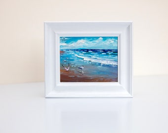 Original Oil Painting, Ocean, Seaside, Seascape, Shore, Coastal, Waves, Seagulls, Beach, Framed, Small Artwork, Blue Sea, Nature, Norfolk