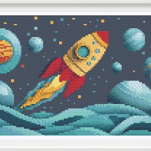 May include: A yellow and red rocket ship flying through space with a blue, green, and yellow planet in the background. The rocket ship has a window and a red flame coming out of the back.