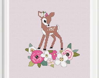 Baby Deer Cross Stitch Pattern: Pink & White Flowers (Digital Download)