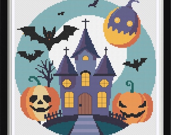 Halloween spökhus korsstygnsmönster (digital nedladdning)